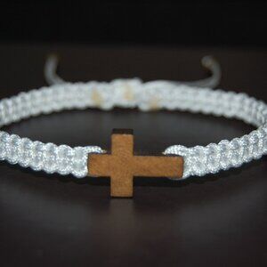 Cross Bracelet,Wood Cross Bracelet,Braided Bracelet,White Bracelet